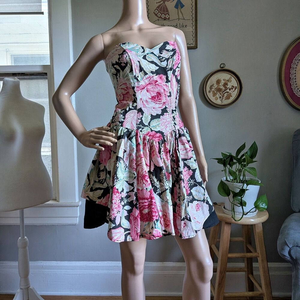 Vintage 90s Be Smart Strapless Mini Dress Dark Floral Cottagecore Jrs Size 5
